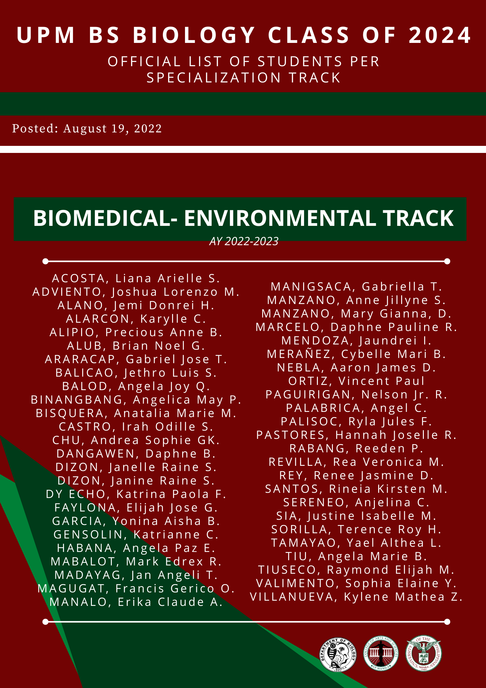 BS Biology Biomedical Environmental Track