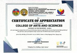 ✨ A Symbol of Hope and Collaboration ✨ The University of the Philippines Manila – College of Arts and Sciences proudly acknowledges the Certificate of Appreciation awarded by the Bureau of Jail Management and Penology, NCR, Metro Manila District Jail Annex 2 last November 28, 2025, at Camp Bagong Diwa, Taguig City. This recognition highlights CAS’s continued support for the beautifully crafted Parol (Christmas Lantern), a meaningful creation of Persons Deprived of Liberty (PDL) that embodies hope, community, and shared creativity. Stay tuned as we continue strengthening partnerships that uplift lives and celebrate the spirit of bayanihan this holiday season. 🎄