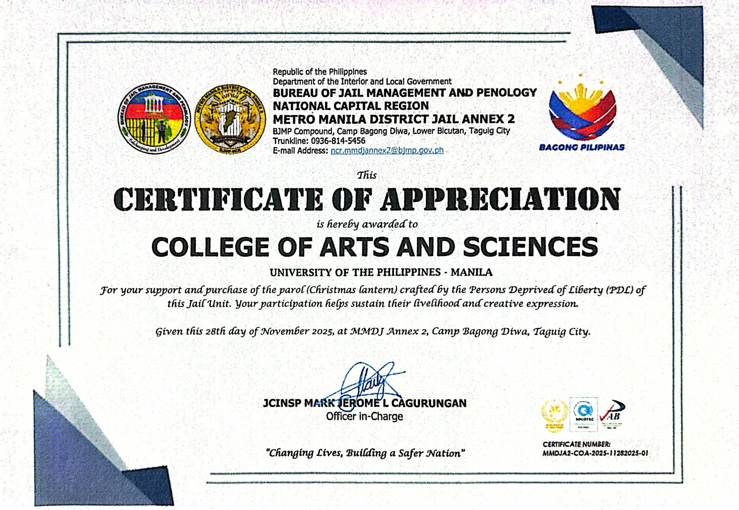 ✨ A Symbol of Hope and Collaboration ✨ The University of the Philippines Manila – College of Arts and Sciences proudly acknowledges the Certificate of Appreciation awarded by the Bureau of Jail Management and Penology, NCR, Metro Manila District Jail Annex 2 last November 28, 2025, at Camp Bagong Diwa, Taguig City. This recognition highlights CAS’s continued support for the beautifully crafted Parol (Christmas Lantern), a meaningful creation of Persons Deprived of Liberty (PDL) that embodies hope, community, and shared creativity. Stay tuned as we continue strengthening partnerships that uplift lives and celebrate the spirit of bayanihan this holiday season. 🎄